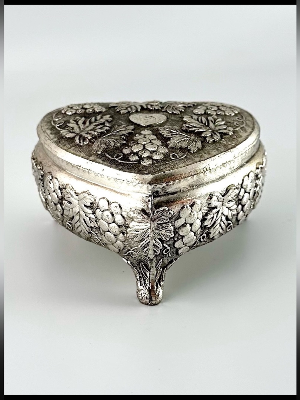 Vintage Japan Silverplate Heart Shaped Footed Trinket Box Embossed Grapes
